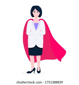Young adult doctor hospital medical employee with hero cape behind fights against diseases and viruses on frontline flat style vector illustration. Doctor physician medical clinic staff new hero.
