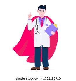 Young adult doctor hospital medical employee with hero cape behind fights against diseases and viruses on frontline flat style vector illustration. Doctor physician medical clinic staff new hero