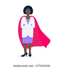 Young adult doctor hospital medical employee with hero cape behind fights against diseases and viruses on frontline flat style vector illustration. Doctor physician medical clinic staff new hero.