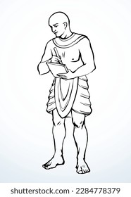 Young adult dress cloth royal bald boy guy social pray writer work master staff chief leader king princ life. Black pen line hand drawn retro past age god faith ruler sketch art white book paper style