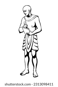 Young adult dress cloth royal bald boy guy social pray writer work master staff chief leader king princ life. Black pen line hand drawn retro past age god faith ruler sketch art white book paper style