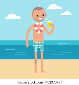 Young adult is drinking juice on the beach // flat editable vector illustration