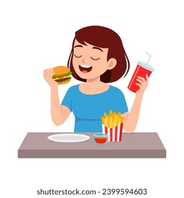 young adult eat hamburger and feel happy