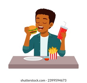 young adult eat hamburger and feel happy