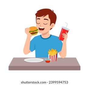 young adult eat hamburger and feel happy