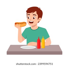 young adult eat hotdog and feel happy