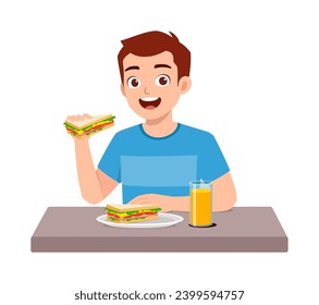 young adult eat sandwich and feel happy