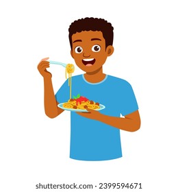 young adult eating spaghetti and feel happy