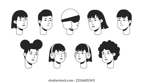 Young adult expressions monochrome flat linear character heads bundle. Listen music. Editable outline people icons. Line users faces. 2D cartoon spot vector avatar illustration pack for animation