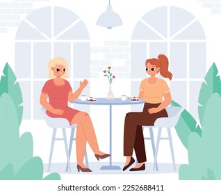 Young adult female friends in cafe, breakfast or lunch time. Cute cartoon women drink coffee and eating cake, business meeting vector scene