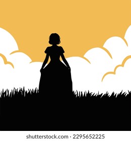 Young adult female model with long dress vector silhouette person isolated on evening orange sky and grass background. Simple flat art styled illustration on square template.