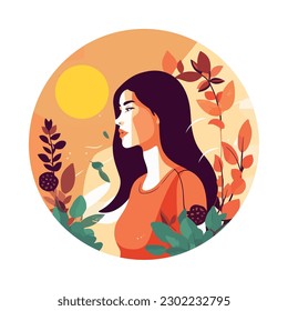 Young adult female, surrounded by nature icon isolated