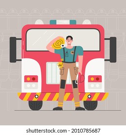 Young adult firefighter holding rescue equipment. Fireman standing in uniform in front of firetruck inside fire department. Male character is extinguisher personal protection. Vector flat illustration