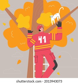 Young Adult Firefighter In Uniform Saving Cat. Fireman Standing On Ladder Of Fire Truck For Catching Home Animal From Tree. Male Character Is Extinguisher Personal Protection. Vector Flat Illustration