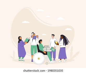 Young adult genre. Group of teenagers with books. Reading club meeting or swap, fair event. Literature fans. Books lovers. Vector illustration.