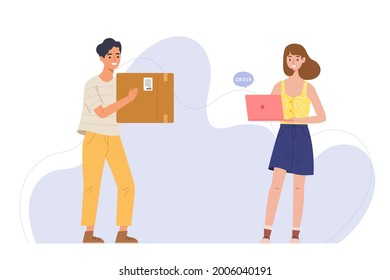Young adult get parcel package box from online shopping order. Concept of to delivery service, express, sending, courier transportation, business, e-commerce. Flat vector illustration character.