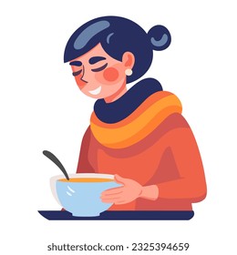 Young adult girl holding bowl, eating lunch icon isolated