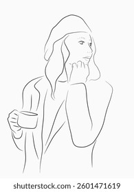 Young adult girl in a jacket and hat with a cup of coffee portrait. Outline drawing.