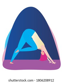 A young or adult girl with pink hair doing fitness, yoga asanas. Flat vector stock illustration with character during fitness, sports, physical activity, yoga as a concept of slimness and weight loss