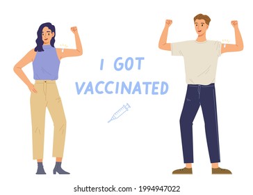 Young adult got Covid-19 vaccinated. Coronavirus vaccine. Concept of vaccination, herd immunity, virus epidemic prevention, injection, health care. Flat vector illustration character.