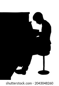 Young adult guy learn old classic compose. Light paper space backdrop. Line black drawn creative audio octave concept leisure theater culture icon sign design. Retro doodle cartoon outline print style