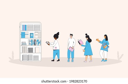 Young Adult Literature. Online Library Or Bookstore. Digital Reading App. Electronic Books. Knowledge, Education, Learning With Smartphone. Teenagers Line On Internet Shop. Vector Illustration.