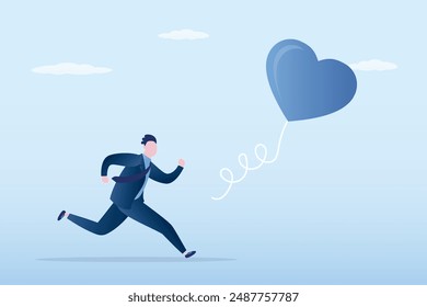 Young adult is looking for his love. Searching passionate job for happiness, ambition to find right career concept. Businessman chasing heart bubble ahead. Self motivation, chase dream. Flat vector