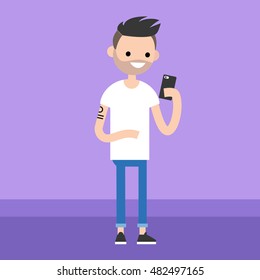 Young adult is looking at his smart phone's screen / editable flat vector illustration