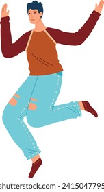 Young adult male jumping joyfully in casual clothing with a modern haircut. Energetic and happy man in mid-air with a cheerful expression vector illustration.