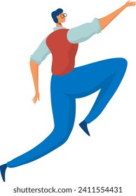 Young adult male in motion, running pose, dressed casually with glasses. Dynamic movement, active lifestyle concept. Energetic youth rushing forward vector illustration.