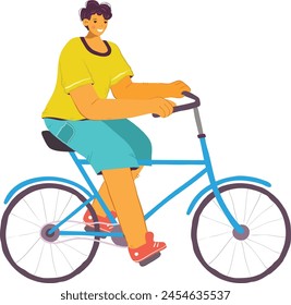 Young adult male rides blue bicycle, casual attire, happy expression, outdoor activity, healthy lifestyle, vibrant colors. Cartoon character cycling, sporty look, short hair, shorts, tshirt