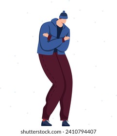 Young adult male shivering and crossing arms in cold weather. Guy wearing hat and jacket in snowy season. Winter clothing and chilly climate vector illustration.