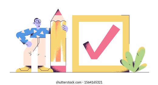 Young adult man with a big pencil in his hand nearby drawn checkmark on a board. Successful completion of business tasks. Flat textured vector illustration.