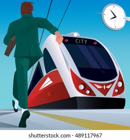 Young adult man in a business suit at the railway station running to modern train. Missing or late concept. Vector illustration