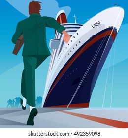 Young adult man in a business suit at the dock running to big cruise ship. Missing or late concept. Vector illustration