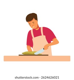 Young adult man cutting vegetables wearing apron cooking healthy vegetarian meal