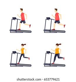 Young adult man, girl running on treadmill, sport, fitness, athletics, healthy lifestyle. Fat and thin. Cartoon. Vector illustration flat design.