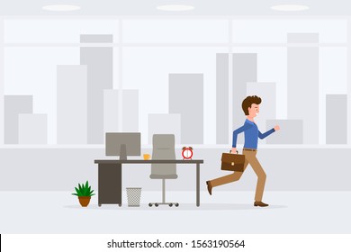 Young adult man in light brown pants running away from office at the end of day vector illustration. Fast moving forward, going home cartoon character