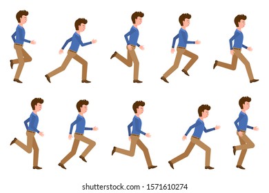 Young adult man in light brown pants running sequence poses vector illustration. Fast moving forward cartoon character set