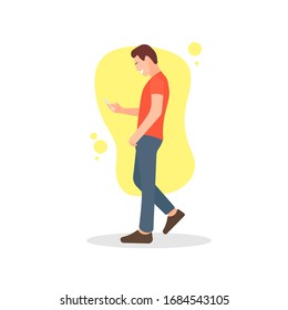 Young Adult Man Looking At Phone While Walking. Guy Distracted By Smartphone. Online Chatting Concept. Social Media Or Network. Messaging App - Simple Flat Vector Character Icon Symbol Illustration.