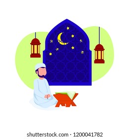 Young Adult Man Praying Illustration, Simple Mosque Illustration Flat Vector