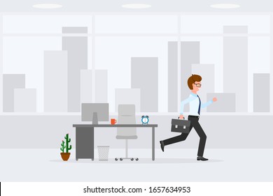 Young, adult man running away from office at the end of day vector illustration. Fast moving forward, going home male cartoon character