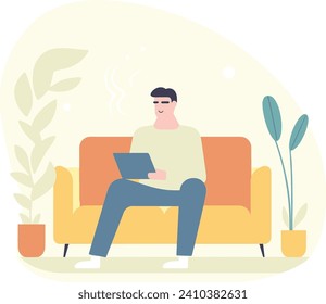 Young adult man sitting on orange sofa using tablet indoors. Relaxed male with digital device at home. Comfortable lifestyle and modern interior design vector illustration.