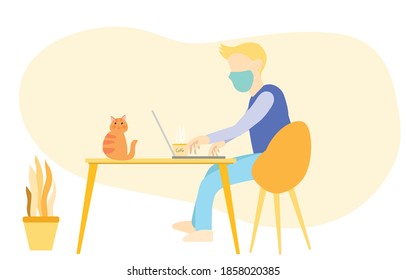 A young adult man is sitting and playing a laptop, working or studying of being at home, studying online In the era of COVID-19 virus outbreak, take care of yourself to reduce the spread of infection.