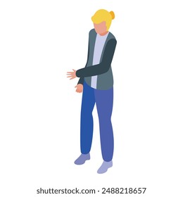 Young adult man is standing and gesturing with his hands as if he is explaining something