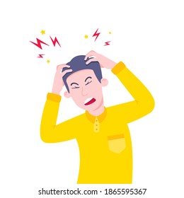 Young adult man suffering from stress headache and holding his head with hands. Stress ache, depression, hangover or migraine disease healthcare concept flat style design vector illustration.