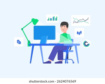 Jovem Homem Adulto usando Computador para Pesquisa de Produtividade por Trabalho Remoto, Business Marketing Chart Dashboard Tela ao redor do Local de Trabalho. Ilustração do Vetor de Caracteres Mínimos.