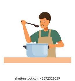 Young adult man wearing apron tasting food from cooking pot with wooden spoon