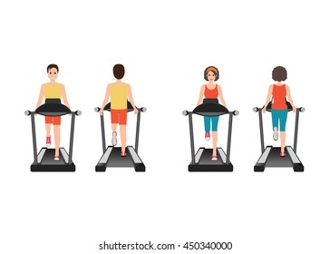 Young adult man and woman running on treadmill, sport fitness, athletics, healthy lifestyle. Cartoon character Vector illustration.