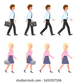 Young, adult man and woman walking sequence poses vector illustration. Moving forward, fast, slow going people cartoon character set